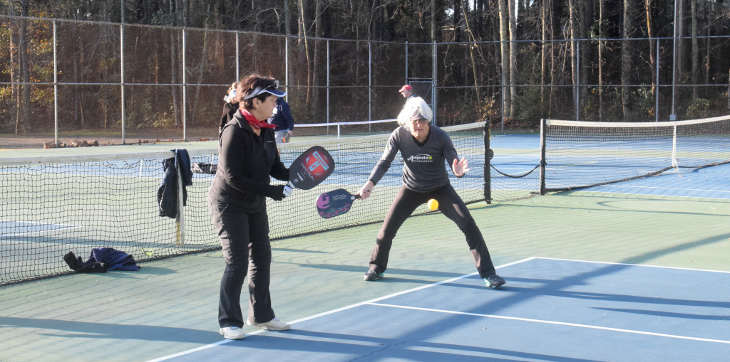 Susie Felz watches Anne Rheins shot pickleball match Montclair Park