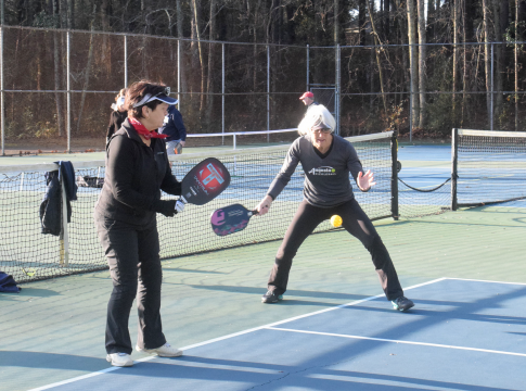 Susie Felz watches Anne Rheins shot pickleball match Montclair Park