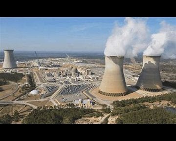 The cooling tower of Plant Vogtle’s Unit 3 is under construction in the background.