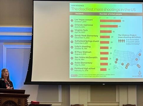 Davie, Fla., Fire-Rescue Chief Julie Downey describes the rise in mass shootings and best practices to handle them Feb. 7 in Augusta.