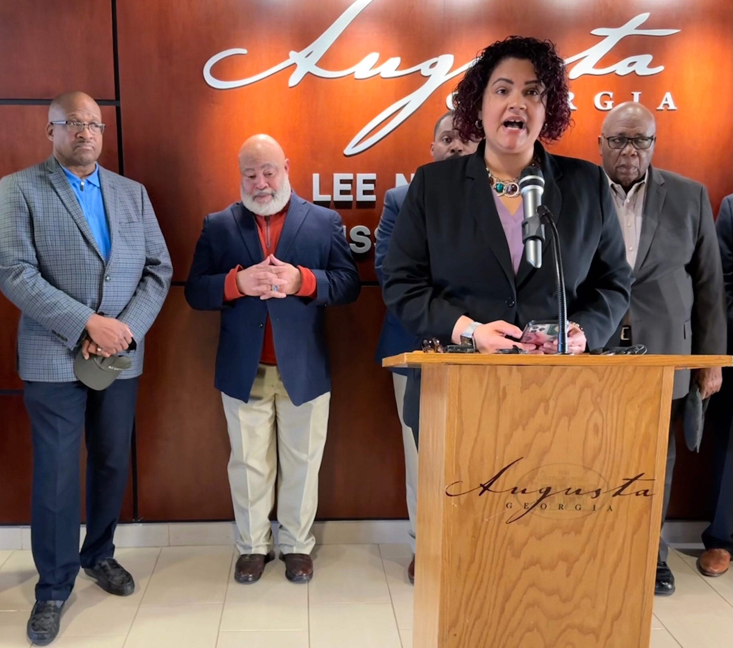 Augusta Commissioner Stacy Pulliam speaks at a Monday news conference.