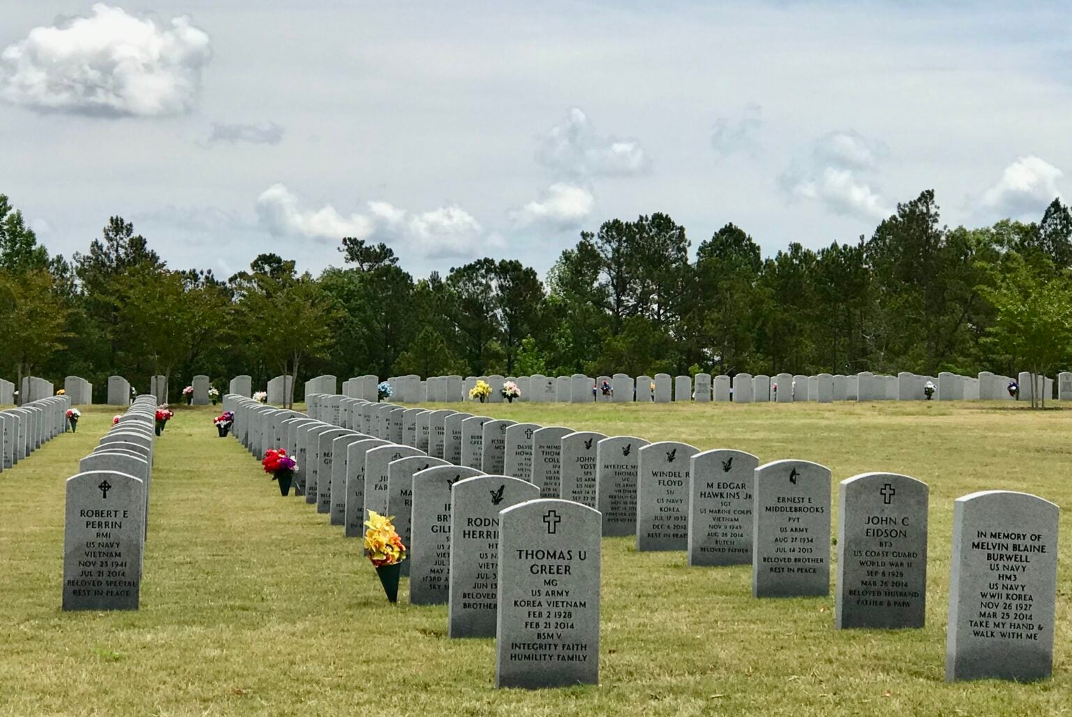 Lines of identical headstones mark the graves of veterans at the Georgia Veterans Memorial Cemetery in Milledgeville.