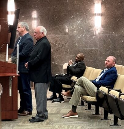 Officials representing new Augusta EMS provider Central EMS take questions from commissioners Thursday. From left: Priority Holdings CEO Bryan Gibson, Central President Gary Coker, Central Vice President Corey Thomas and Priority Southeastern Region President Robby Atkins.