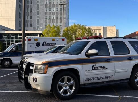 Central EMS and quick-response vehicles, or QRVs, parked at Augusta Municipal Building for an April 2 news conference. The Augusta firefighters' association is urging the Augusta Commission to approve a "reasonable subsidy" for the city's new provider.