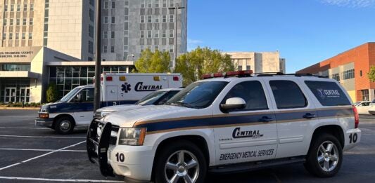 Central EMS and quick-response vehicles, or QRVs, parked at Augusta Municipal Building for an April 2 news conference. The Augusta firefighters' association is urging the Augusta Commission to approve a "reasonable subsidy" for the city's new provider.