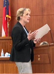 Defense attorney Stephanie Cross speaks to jurors Friday during closing arguments in the trial of Sandra Dales. Staff photo by Susan McCord