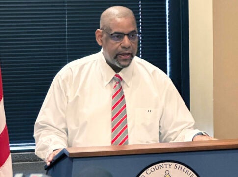 Richmond County Sheriff Richard Roundtree updates reporters about the Saturday shootings between rival motorcycle gang members in east Augusta. Staff photo by Susan McCord