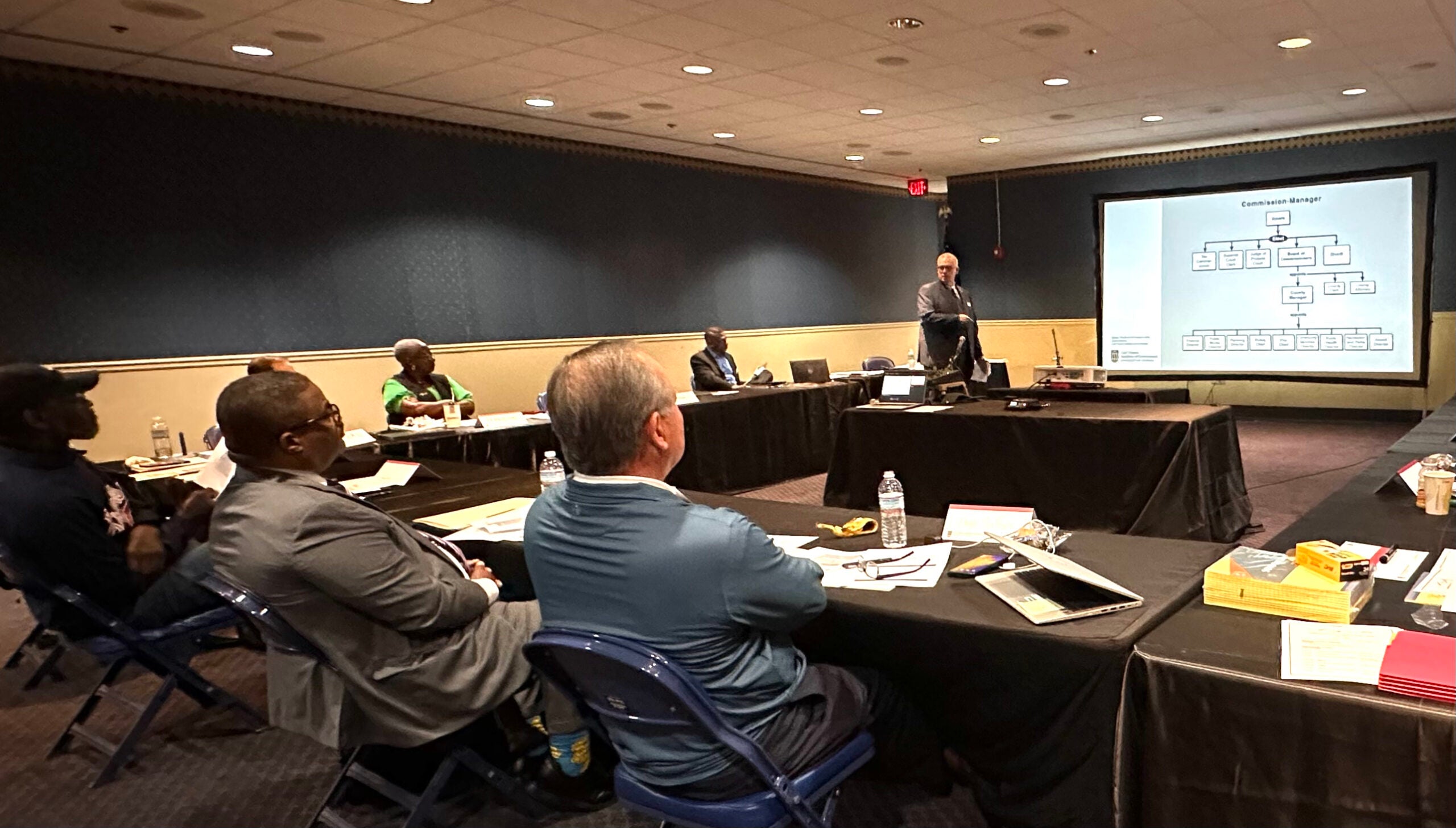 Hardin Watkins, right, a consultant with the Carl Vinson Institute of Government, goes over different government structures at an Augusta Commission retreat Friday. Staff photo by Susan McCord