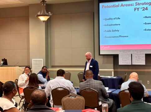 Augusta Commissioner Stacy Pulliam, left, speaks during a Wednesday commission budget retreat. Staff photo by Susan McCord
