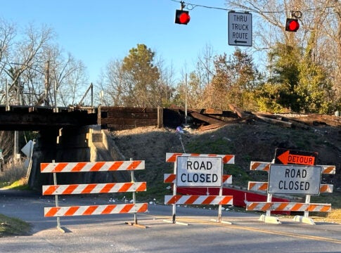 The Olive Road bridge may be closed for months after a driver allegedly knocked a steel beam off the bridge. Staff photo by Susan McCord