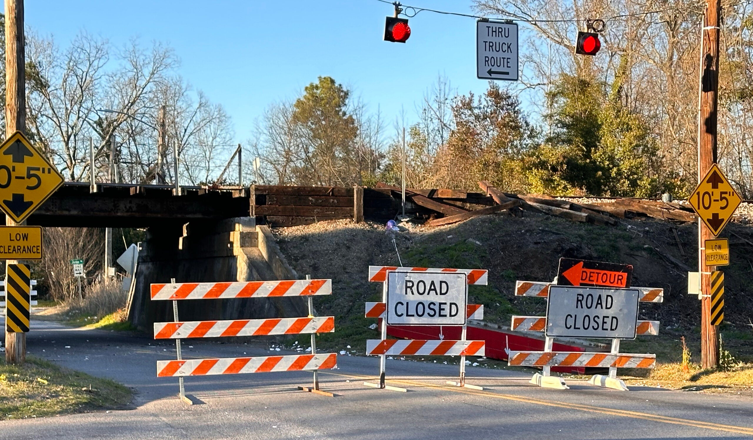 The Olive Road bridge may be closed for months after a driver allegedly knocked a steel beam off the bridge. Staff photo by Susan McCord