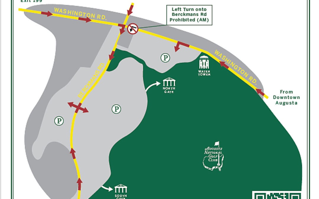 New Masters Traffic App: A QR code, lower right, takes patrons to an app that uses their phone's GPS capabilities to direct them to Masters Tournament parking.