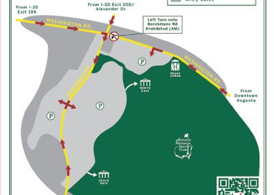 New Masters Traffic App: A QR code, lower right, takes patrons to an app that uses their phone's GPS capabilities to direct them to Masters Tournament parking.