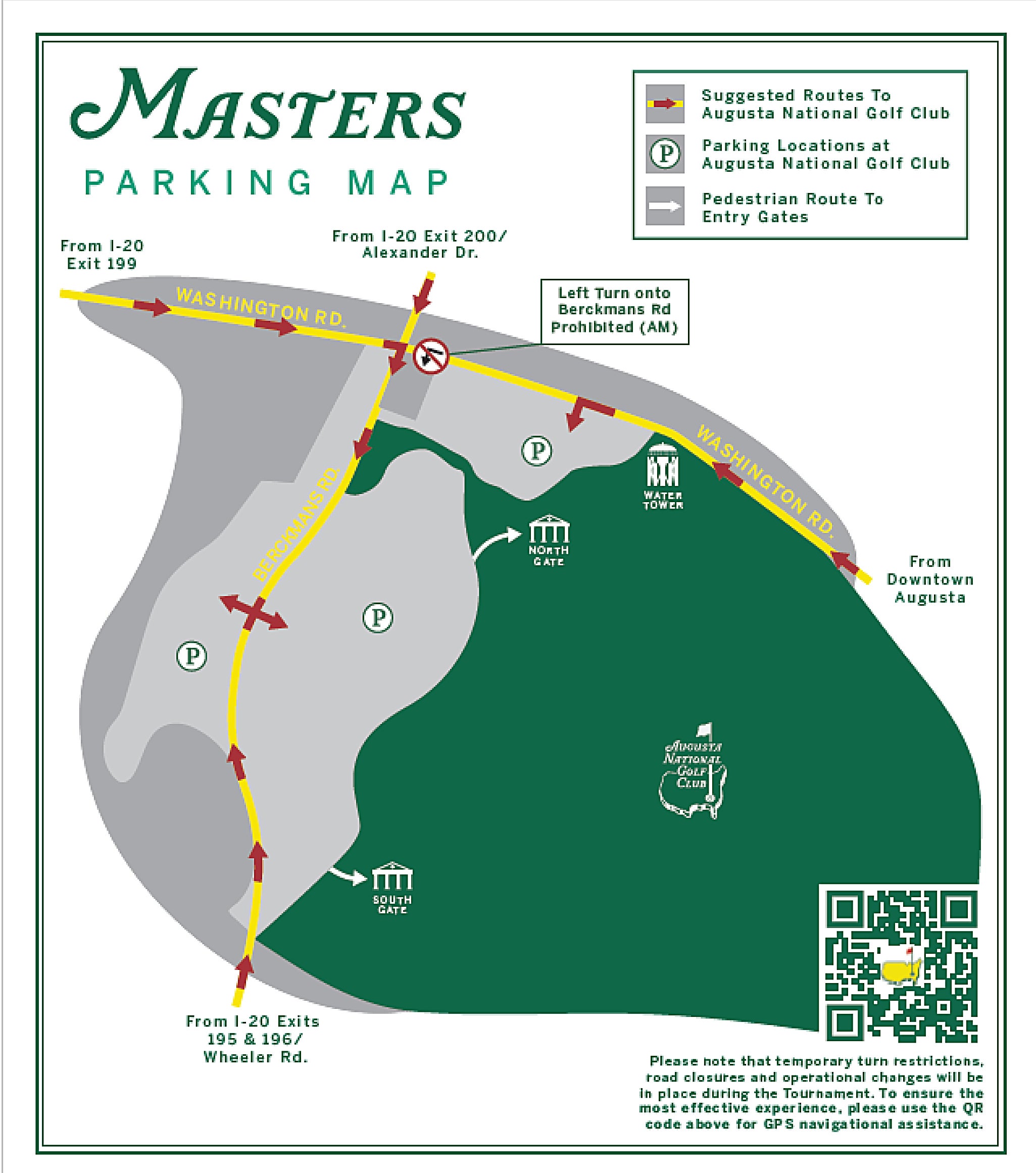 New Masters Traffic App: A QR code, lower right, takes patrons to an app that uses their phone's GPS capabilities to direct them to Masters Tournament parking.