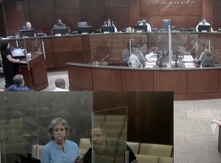 Augusta Assistant Animal Services Director Crystal Eskola, left, and Director James Hill field questions from commissioners Tuesday about a proposal from Best Friends Animal Society. Screenshot by Susan McCord
