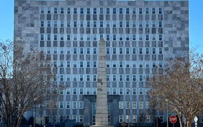 The SIgners Monument stands behind Augusta Municipal Building. Staff photo by Debbie Reddin van Tuyll