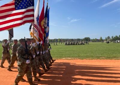 Army soldiers march at Fort Eisenhower change of command at Cyber Center of Excellence