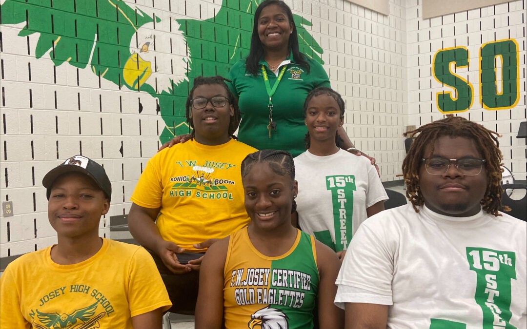 Josey High School marching band students are excited for the upcoming season. Pictured are David Bush and Mikael Parks in the back row, and Ke’Aijah Jones, Nila Williams and Giovanni Jefferson in the front row. Staff photo by Liz Wright