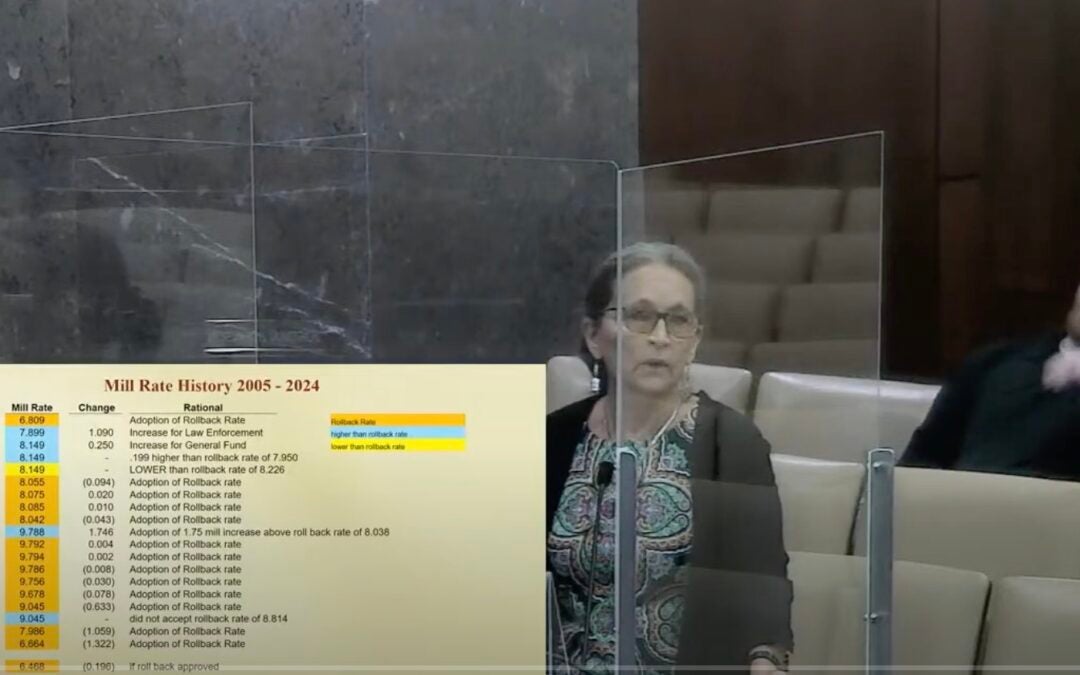 Augusta Finance Director Donna Williams presents details of a proposed millage increase at a called commission meeting Tuesday. Youtube screen capture/Susan McCord/staff
