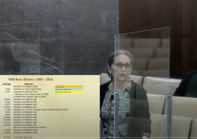 Augusta Finance Director Donna Williams presents details of a proposed millage increase at a called commission meeting Tuesday. Youtube screen capture/Susan McCord/staff