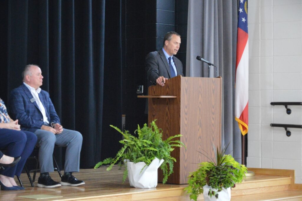 Superintendent Dr. Steven Flynt spoke at the ribbon cutting for Westmont Elementary. Staff photo by Erin Weeks