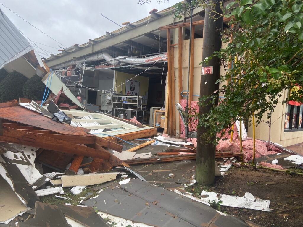 Le Pavilion at Washington Road and Pleasant Home Road suffered damage following Hurricane Helene. Staff photo by Joe Edge