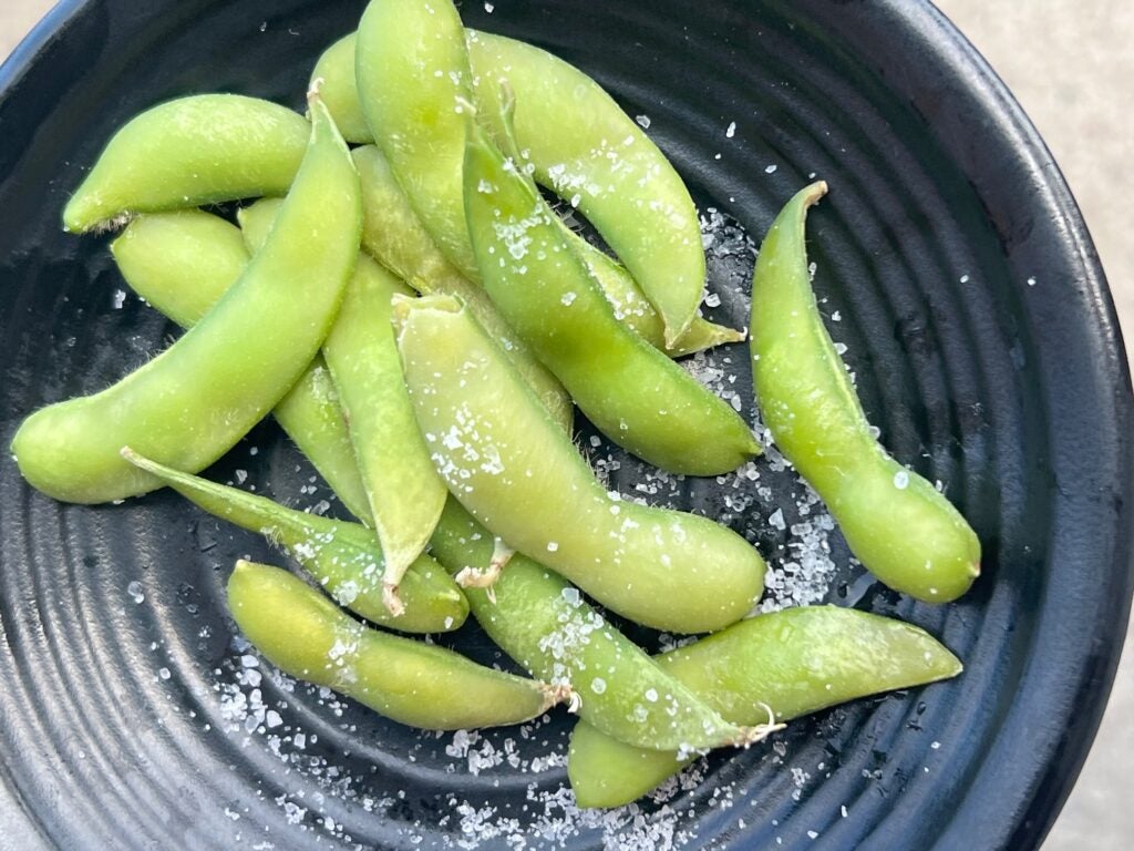 Edamame, steamed and salted soybeans