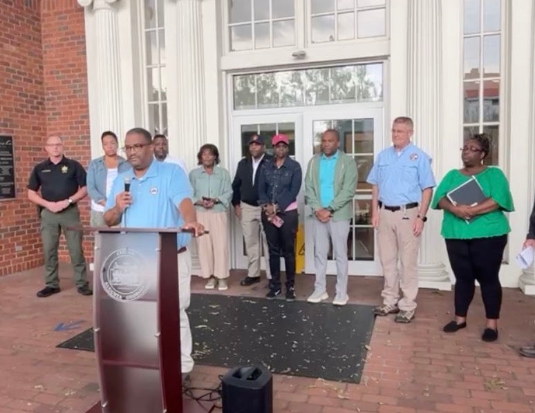 Mayor Garnett Johnson speaks about Augusta's effort to cope with the storm Sunday afternoon. Photo courtesy Augusta Fire Department