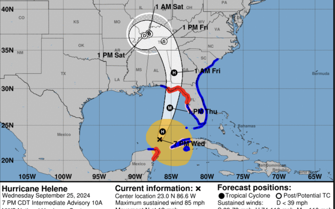 The updated track for Hurricane Helene as of 8 p.m. EST/7 p.m. CDT. Photo from National Weather Service