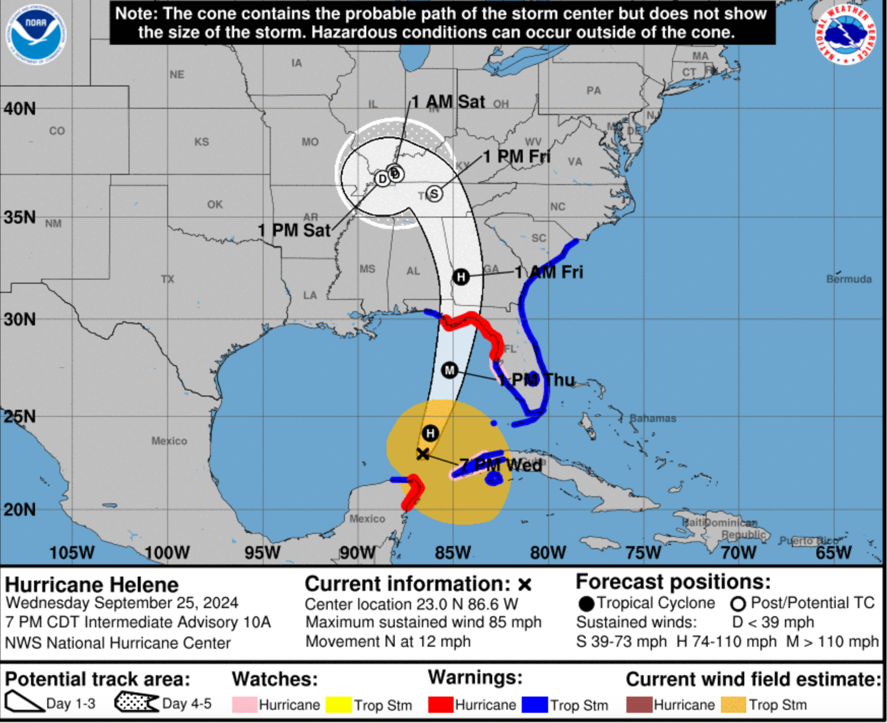 The updated track for Hurricane Helene as of 8 p.m. EST/7 p.m. CDT. Photo from National Weather Service