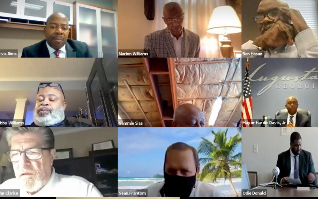 Former Interim Augusta Administrator Jarvis Sims, top left, speaks at a November 2020 meeting of the Augusta Commission. Screen grab by Susan McCord