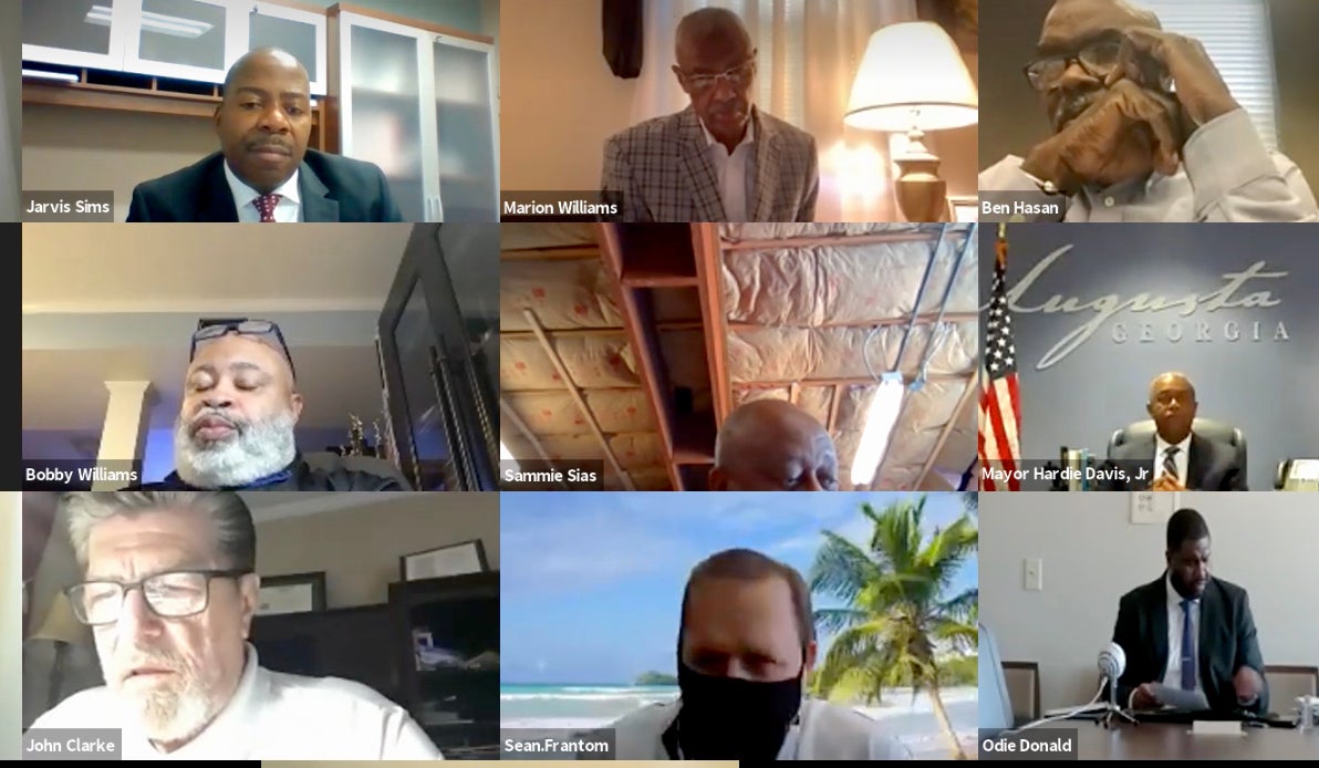 Former Interim Augusta Administrator Jarvis Sims, top left, speaks at a November 2020 meeting of the Augusta Commission. Screen grab by Susan McCord
