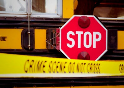 The side of a school bus with cordon tape that reads "CRIME SCENE DO NOT CROSS".