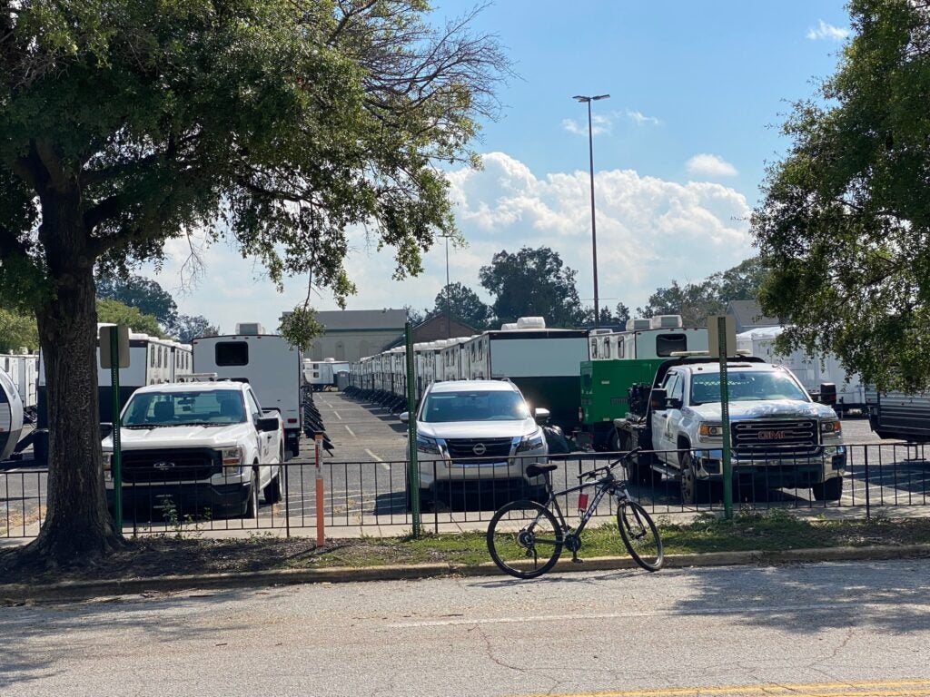Mobile units line up in the James Brown Arena parking lot after Hurricane Helene. Photo courtesy Matt Aitken