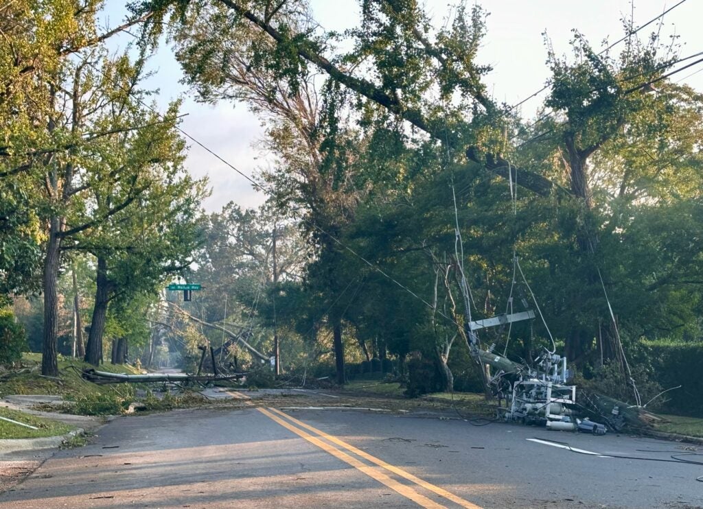 Milledge Road is strewn with trees and electrical equipment after Hurricane Helene. Staff photo by Susan McCord