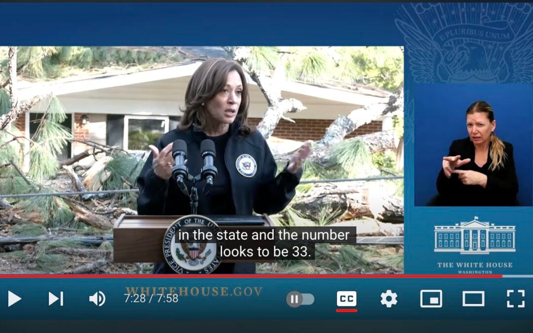 Vice President Kamala Harris speaks on video in front of an Augusta house destroyed by Hurricane Helene. Screen capture courtesy White House