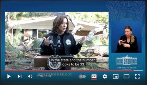 Vice President Kamala Harris speaks on video in front of an Augusta house destroyed by Hurricane Helene. Screen capture courtesy White House