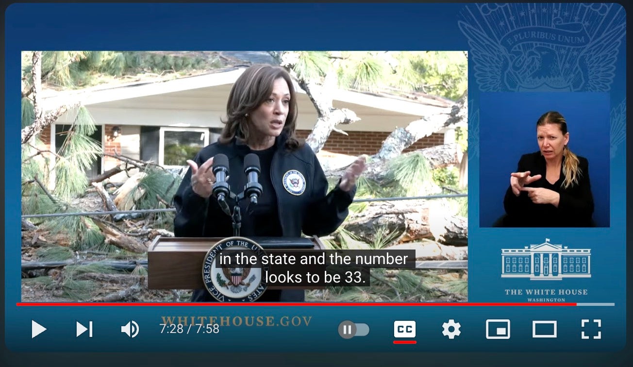 Vice President Kamala Harris speaks on video in front of an Augusta house destroyed by Hurricane Helene. Screen capture courtesy White House