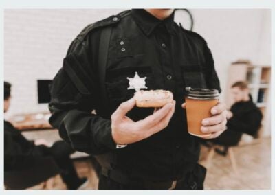 Police officer with coffee and donut