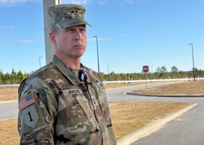 Major General Ryan M. Janovic gave a statement to the media Saturday afternoon following a shooting that occurred on base earlier that morning. Staff photo by Stephanie Hill