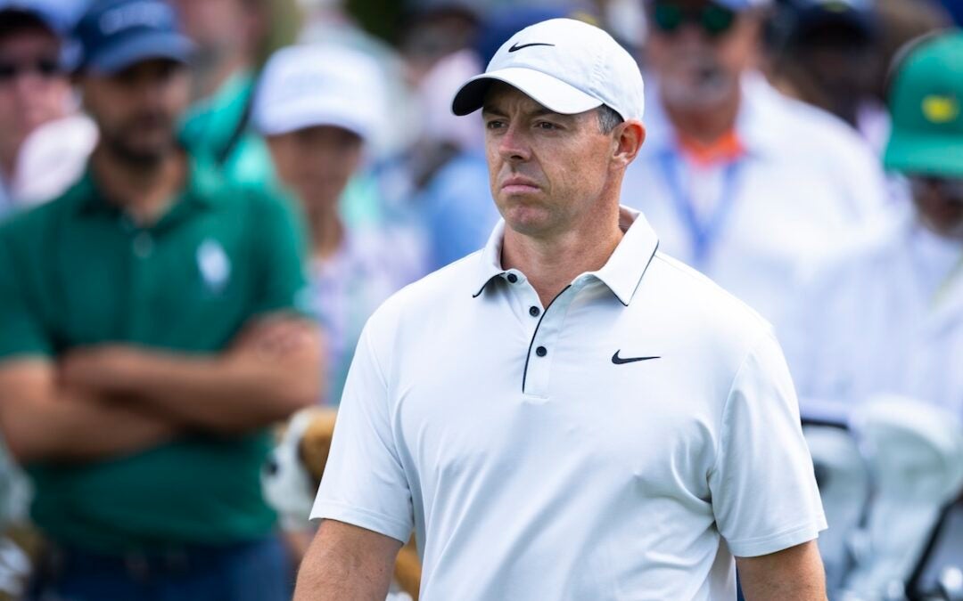 Rory McIlroy of Northern Ireland is seen on the No. 6 hole during the third round of the Masters at Augusta National Golf Club, Saturday, April 12, 2025.