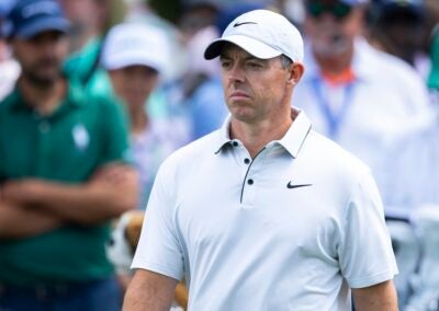 Rory McIlroy of Northern Ireland is seen on the No. 6 hole during the third round of the Masters at Augusta National Golf Club, Saturday, April 12, 2025.