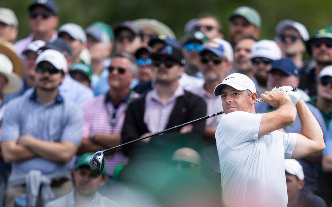 Rory McIlroy of Northern Ireland plays a stroke from the No. 8 tee during the third round of the Masters at Augusta National Golf Club, Saturday, April 12, 2025.