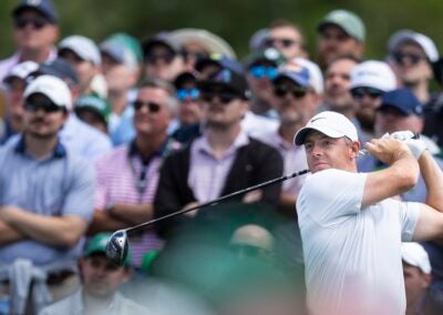 Rory McIlroy of Northern Ireland plays a stroke from the No. 8 tee during the third round of the Masters at Augusta National Golf Club, Saturday, April 12, 2025.