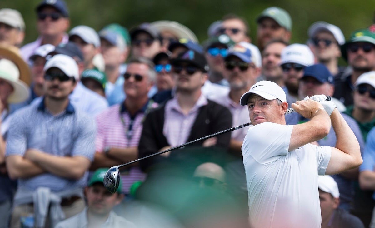 Rory McIlroy of Northern Ireland plays a stroke from the No. 8 tee during the third round of the Masters at Augusta National Golf Club, Saturday, April 12, 2025.