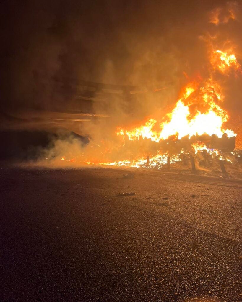 Photo of the fire prior to the bridge collapse of the Old Vaucluse Road overpass. Photo from GVW Fire Department Facebook