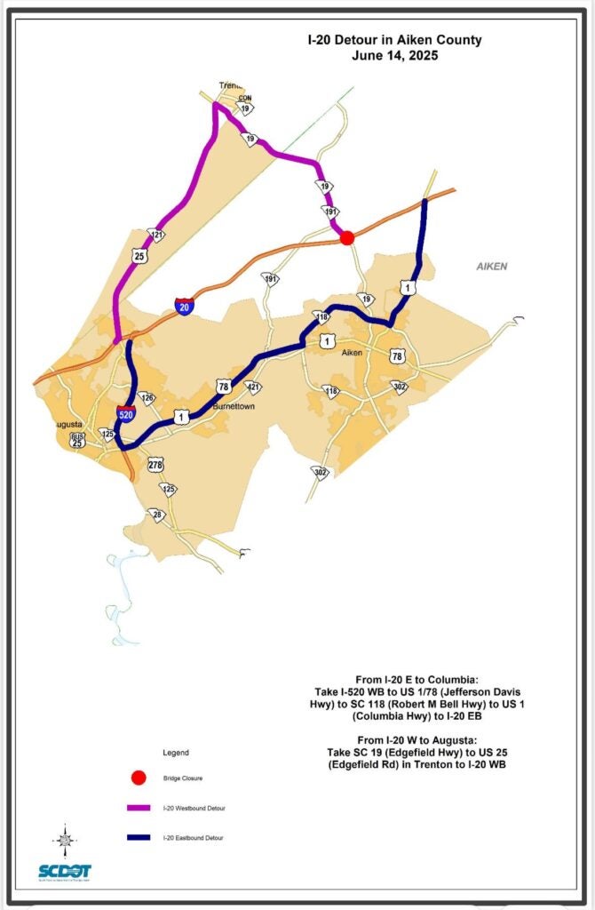Detour of I-20 following the bridge collapse at mile marker 13. Photo from South Carolina Department of Transportation Facebook page