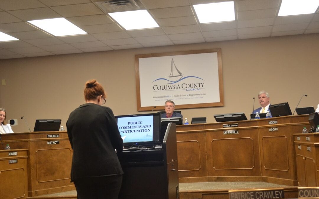 Karin Parham, CEO of the Freedom to Read Coalition of Columbia County, spoke at the Columbia County Board of Commissioners meeting on July 1 and asked the commissioners to rescind the library guidelines. Photo by Stephanie Hill