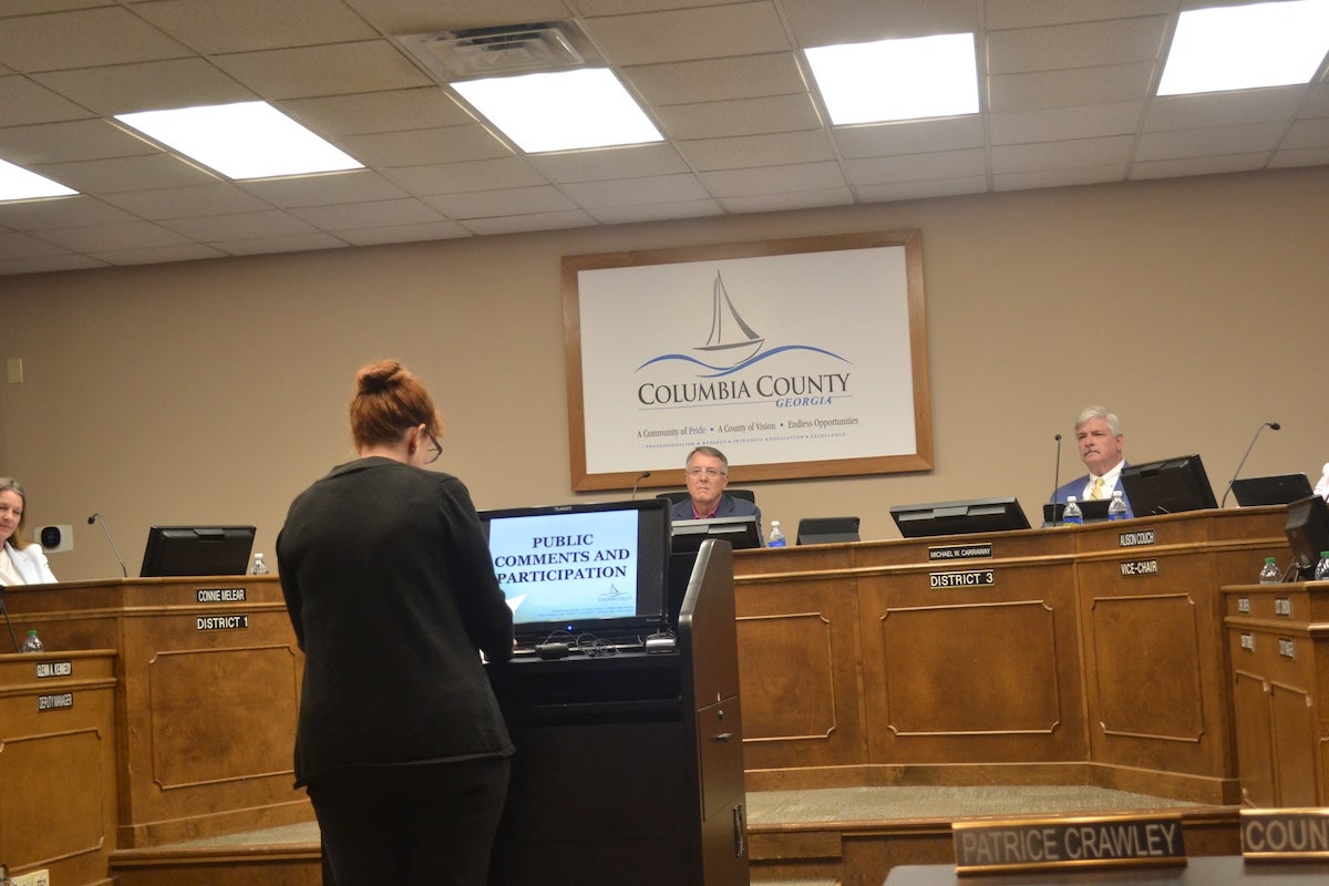 Karin Parham, CEO of the Freedom to Read Coalition of Columbia County, spoke at the Columbia County Board of Commissioners meeting on July 1 and asked the commissioners to rescind the library guidelines. Photo by Stephanie Hill