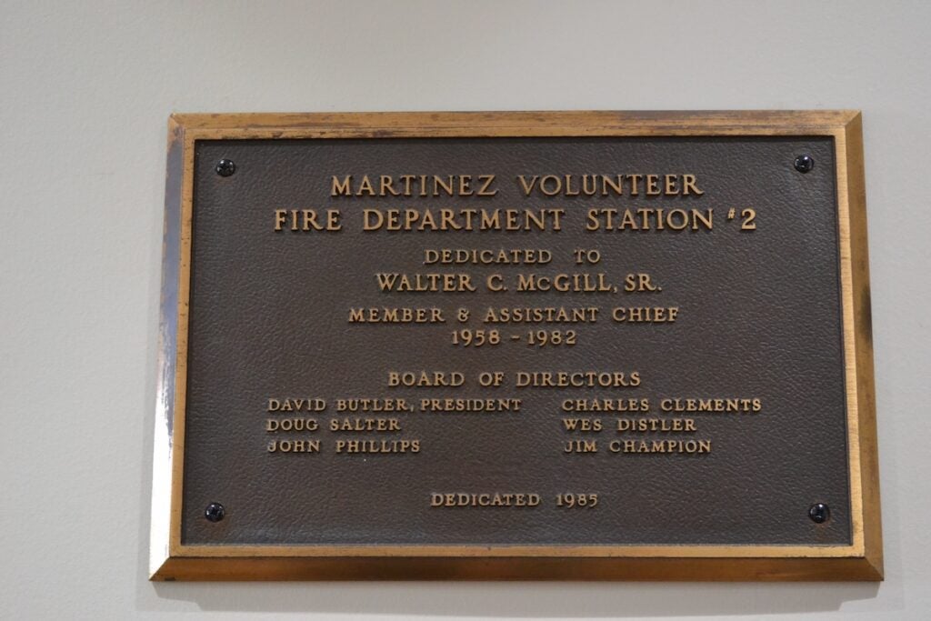 The plaque from the old Fire Station 2 hangs on the wall in the new station. Staff photo by Stephanie Hill